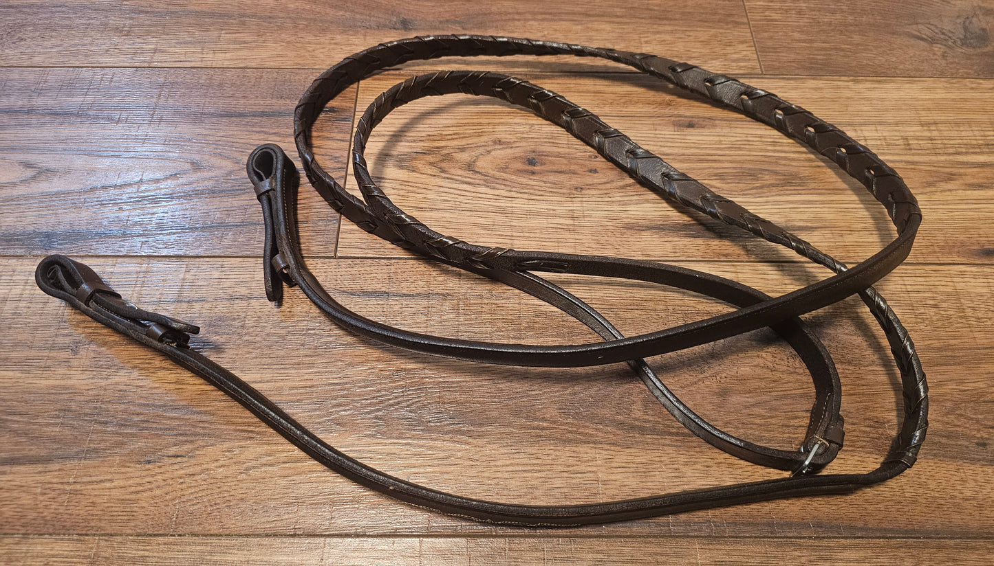 9' Fancy Stitched Raised Braided Reins, dark brown