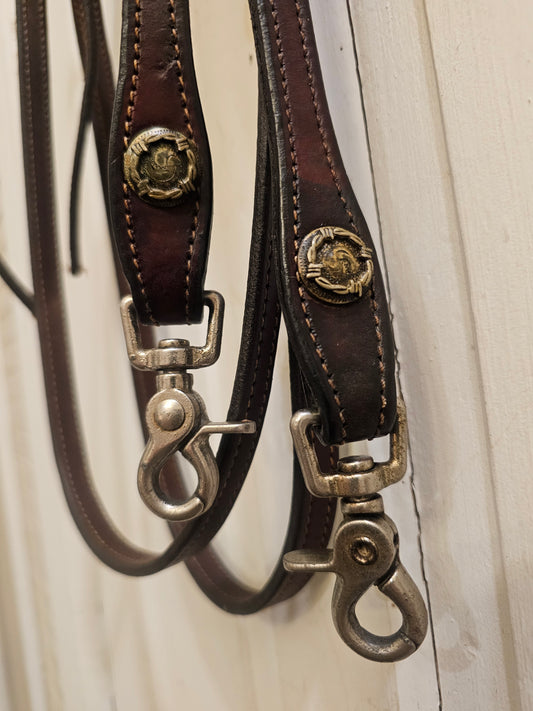 Western Split Reins Stitched Leather, Barbwire Conchos 6'