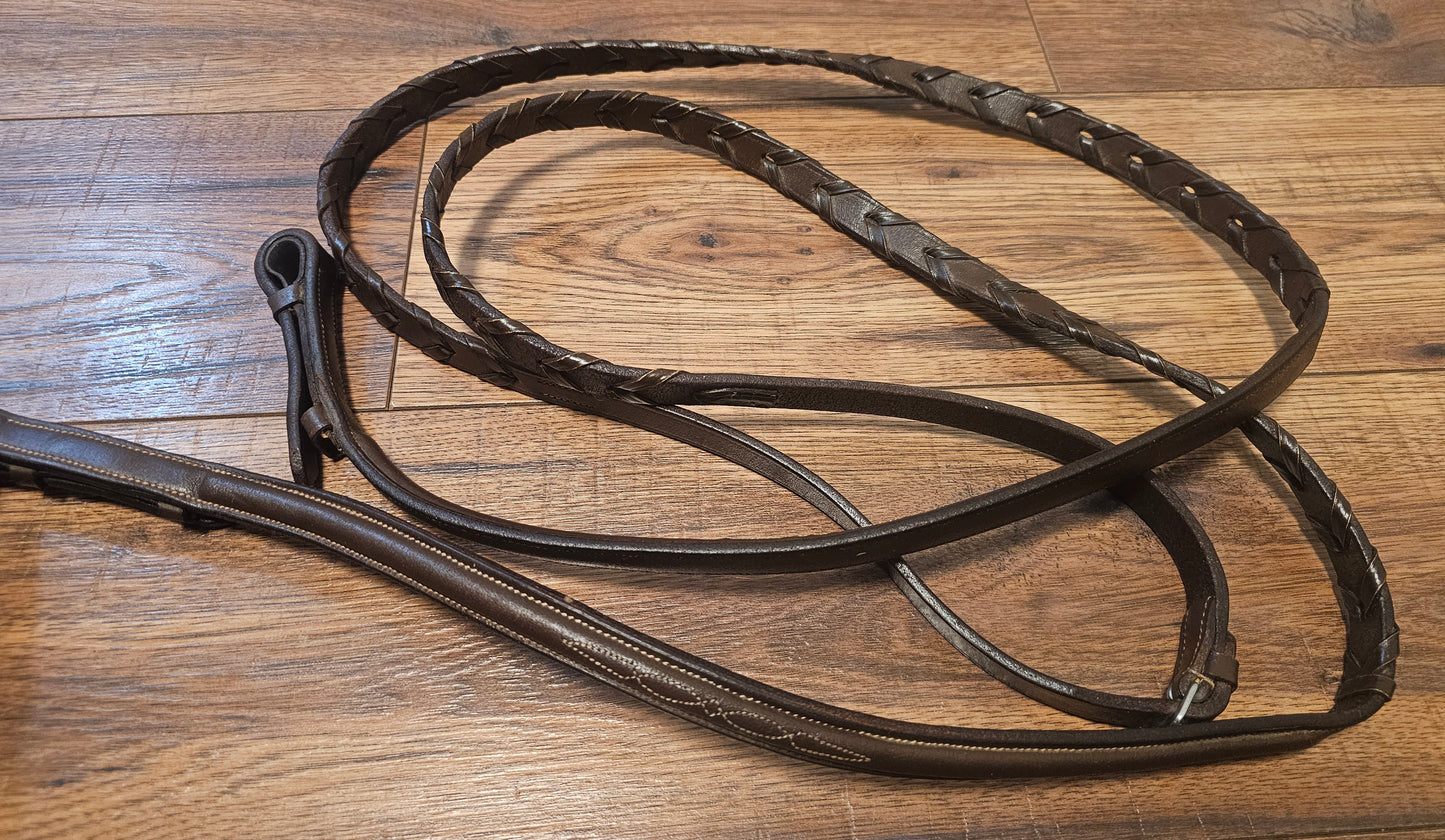 9' Fancy Stitched Raised Braided Reins, dark brown